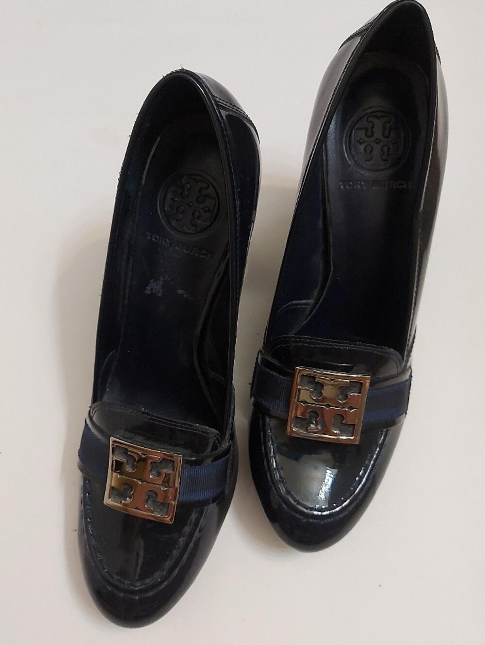 Tory Burch Black Patent Leather Logo Heels with Navy Ribbon